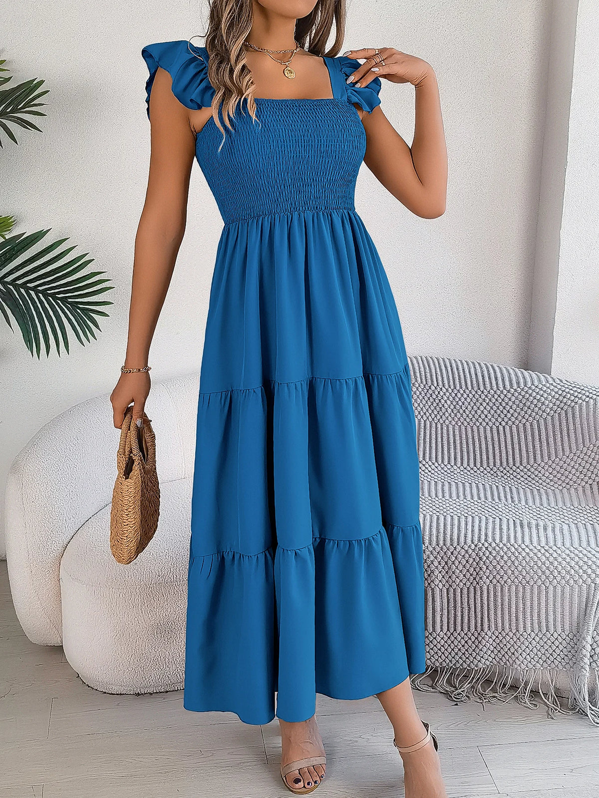 Spring Summer Solid Color Edible Tree Fungus Edge Square Neck Sleeveless Holiday Dress Elegant Long Dresses for Women Rose Blue