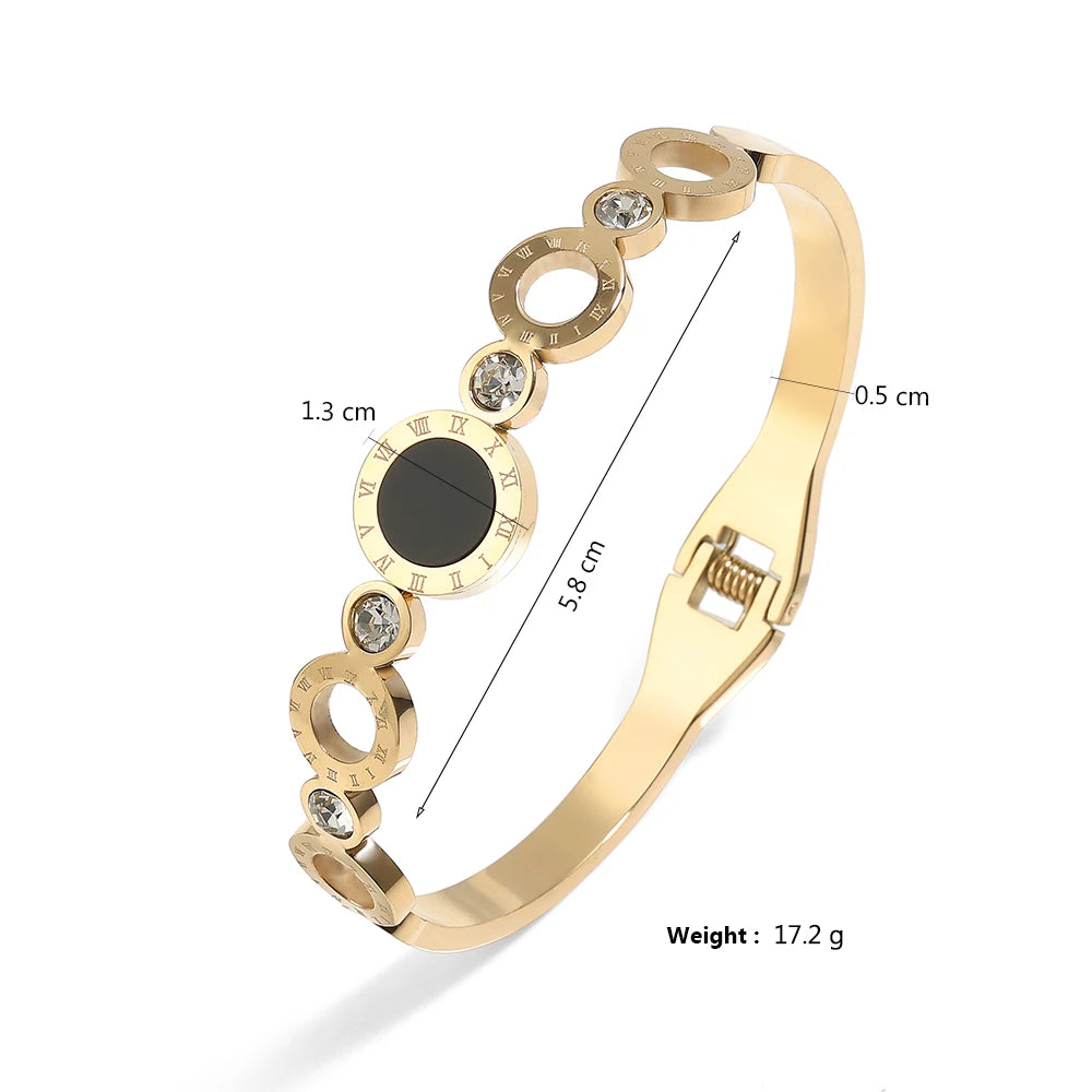 ZAKOL Fashion Black Shell Roman Numeral Titanium Steel Bangle Hollow Circle Button Bracelet Jewelry Gifts for Women