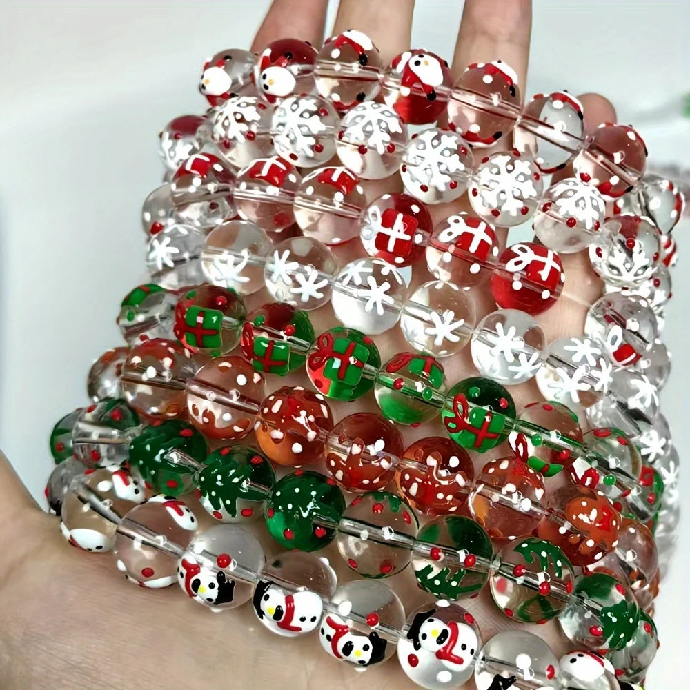 15Pcs 12mm Christmas transparent Glass Hand-drawn Spacer Loose Beads For Jewelry Bracelets Necklace Making DIY Accessories