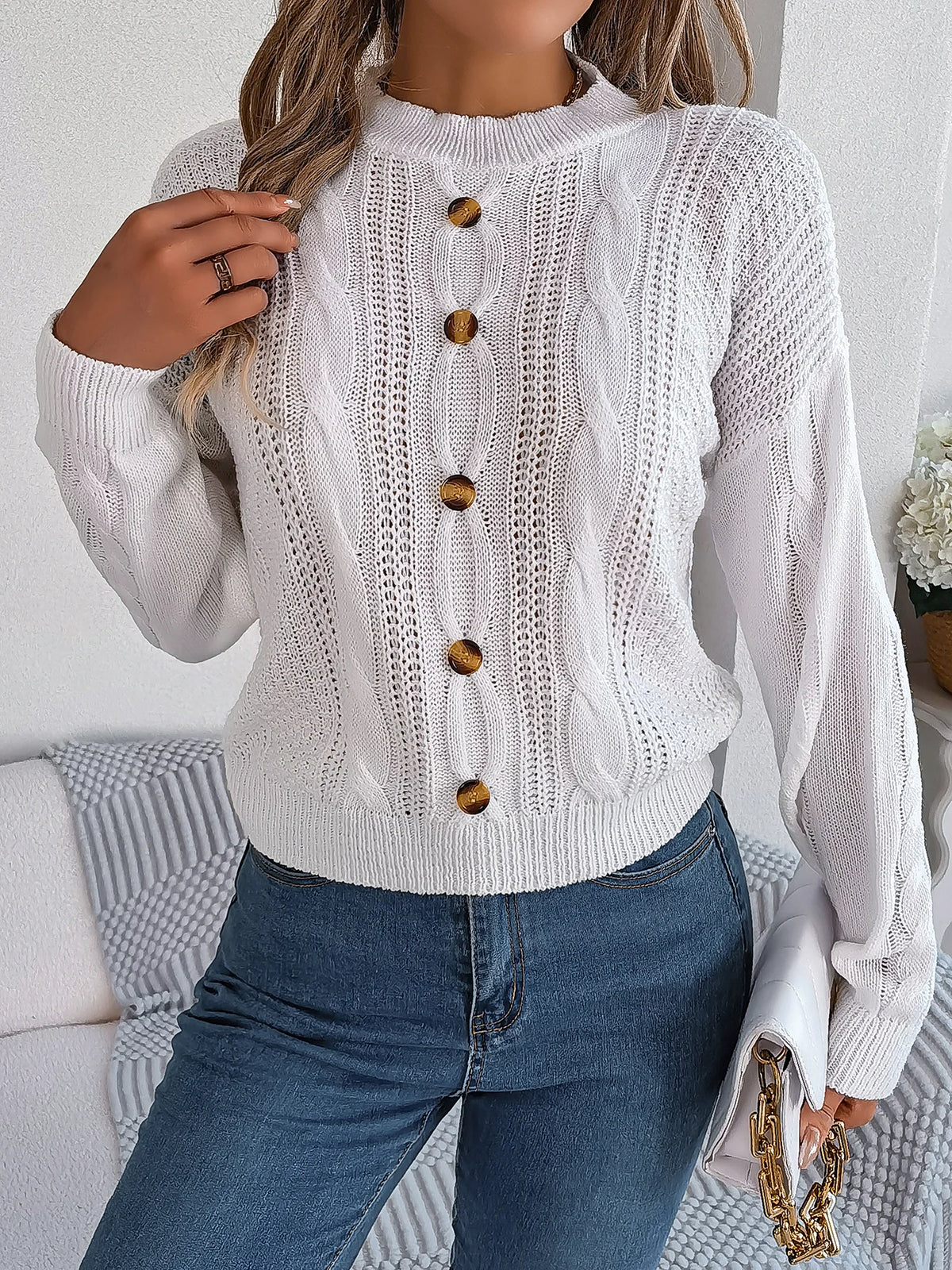 Women's Solid Color Round Neck Buttons Knitted Sweater 2026 Autumn Winter Casual Long Sleeve Pullover White Grey Green Woman Top