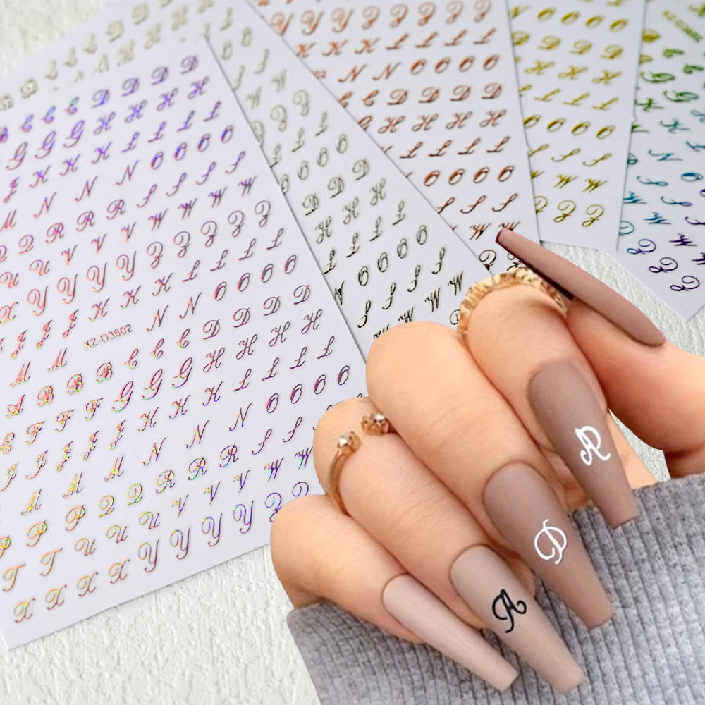 1pc Gold Silver English Letter Nail Sticker Black Laser 3D Alphabet Self Adhesive Decal English Words DIY Slider Manicure Decor