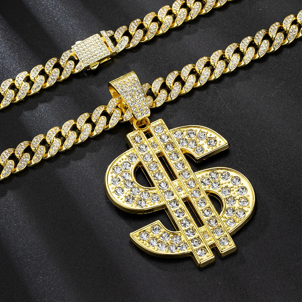 ZAKOL Hip Hop Letter Pendant Necklace for Women Men Shiny Rhinestones 13MM Cuban Chain Necklaces Fashion Jewelry Gifts