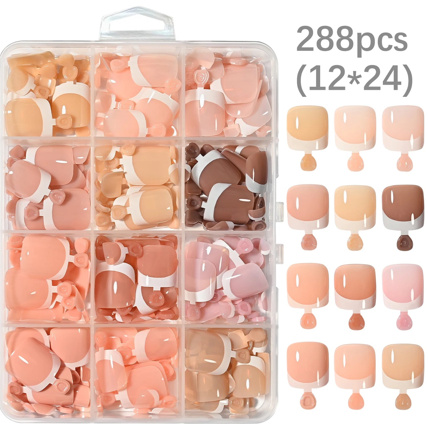 288/120Pcs False Toes Nails French Square Fake Toe Nails Pink/Nude/Brown Feet Nail Tips for Women Artificial Press On Toenails