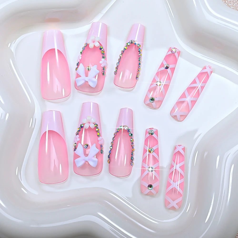 24Pcs Long Coffin French Fake Nails Acrylic Full Cover Square Head False Nails Bow Rhinestone Design Wearable Press on Nails