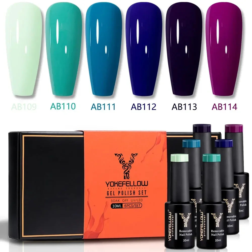 YOKEFELLOW 6Set Blue Gel Nail Polish Sky Blue Glitter Gel Nail Vernis Semi Permanent Soak Off UV Manicure Gift for Girls Women