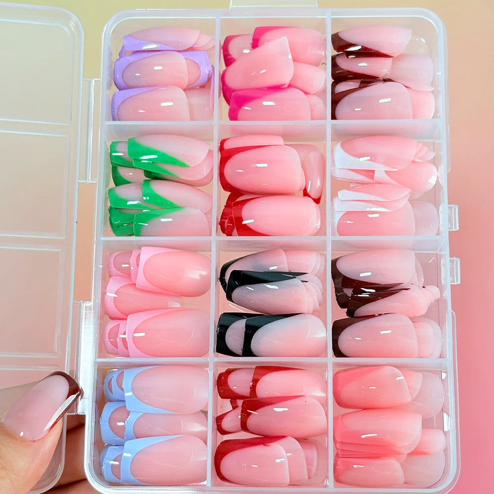 288Pcs Red Pink Medium Almond French False Nails Black White Oval Full Cover Fake Nails Tips Extension Wearable Press on Nails