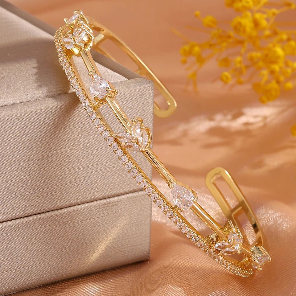 ZAKOL Women Fashion CZ Flower Leaf Open Cuff Bracelet Ring Set Cubic Zirconia Adjustable Bangle Ring Wedding Party Jewelry Set