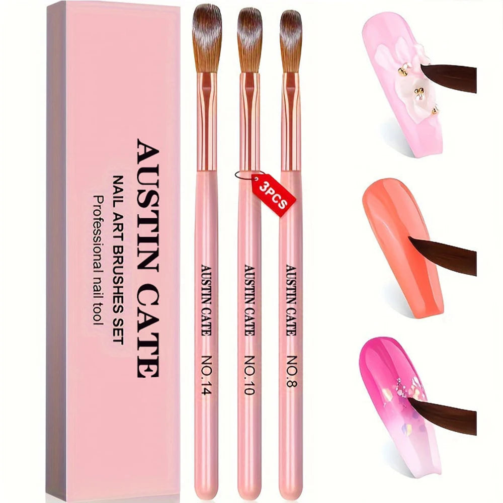 3Pcs/Set Acrylic Powder Extension Nail Brushes Pink Handle Size 8#/10#/14# Acrylic Powder Application 3D Carving Manicure Tools