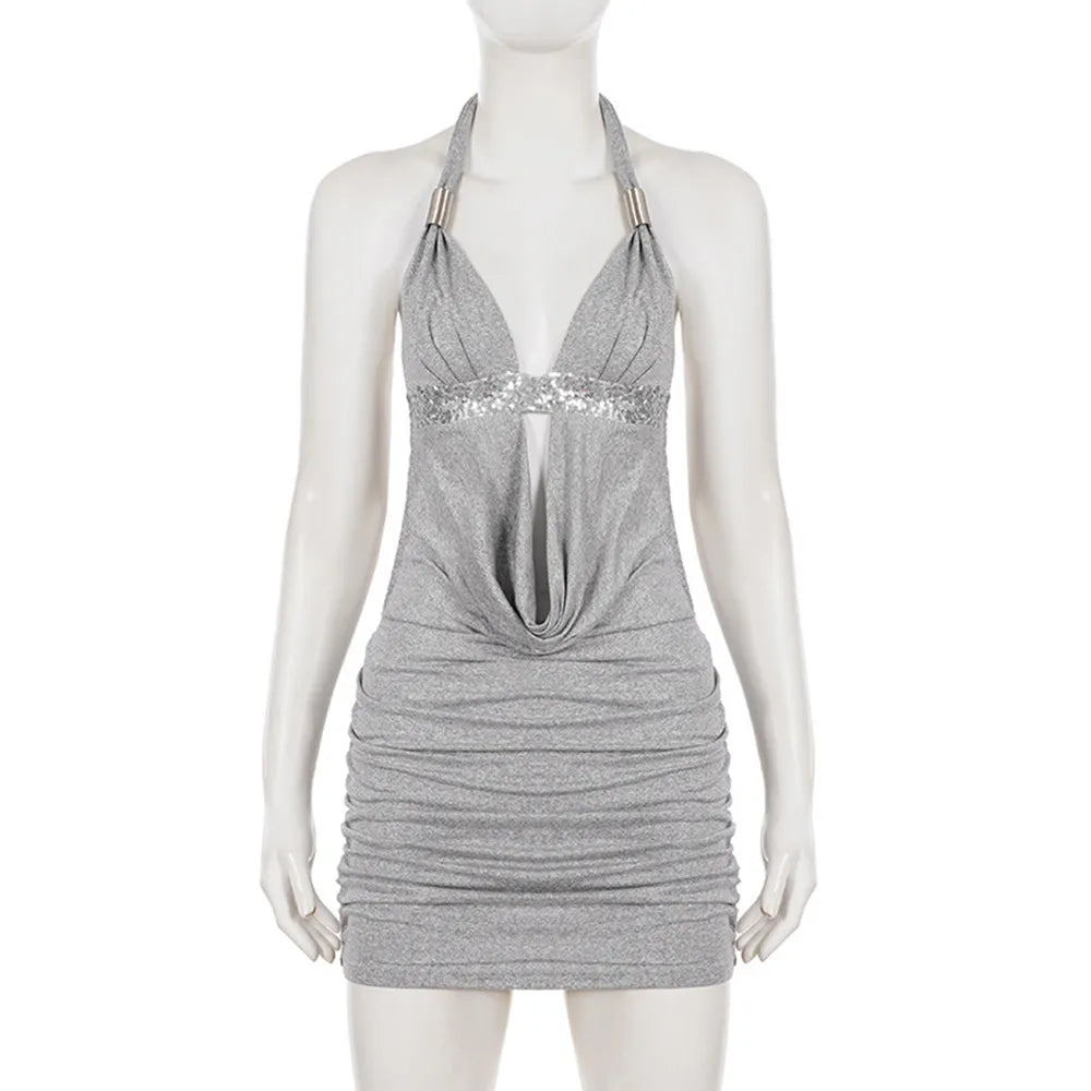 BKLD Sexy Spicy Girl Style Slim Fit Backless Halter Dress New V-Neck Sleeveless Solid Color Short Dresses Party Women Clothing