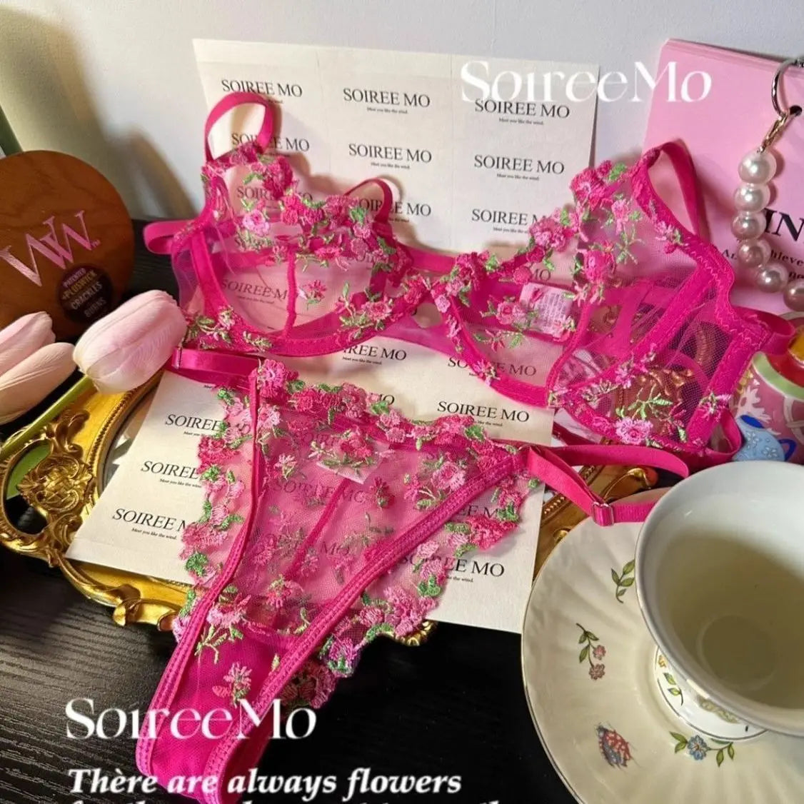 French Sheer Floral Sensual Lingerie Set Ultra Thin See Through Bralette with Soft Or Women Large Bust Support S-XL 32-38 MOYISU