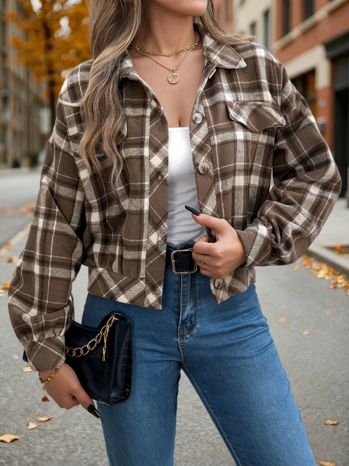 Autumn Winter Casual Plaid Cropped Jacket Lapel Lantern Long Sleeve Single Breasted Woolen Jacket 2026 Fashion Women Clothes
