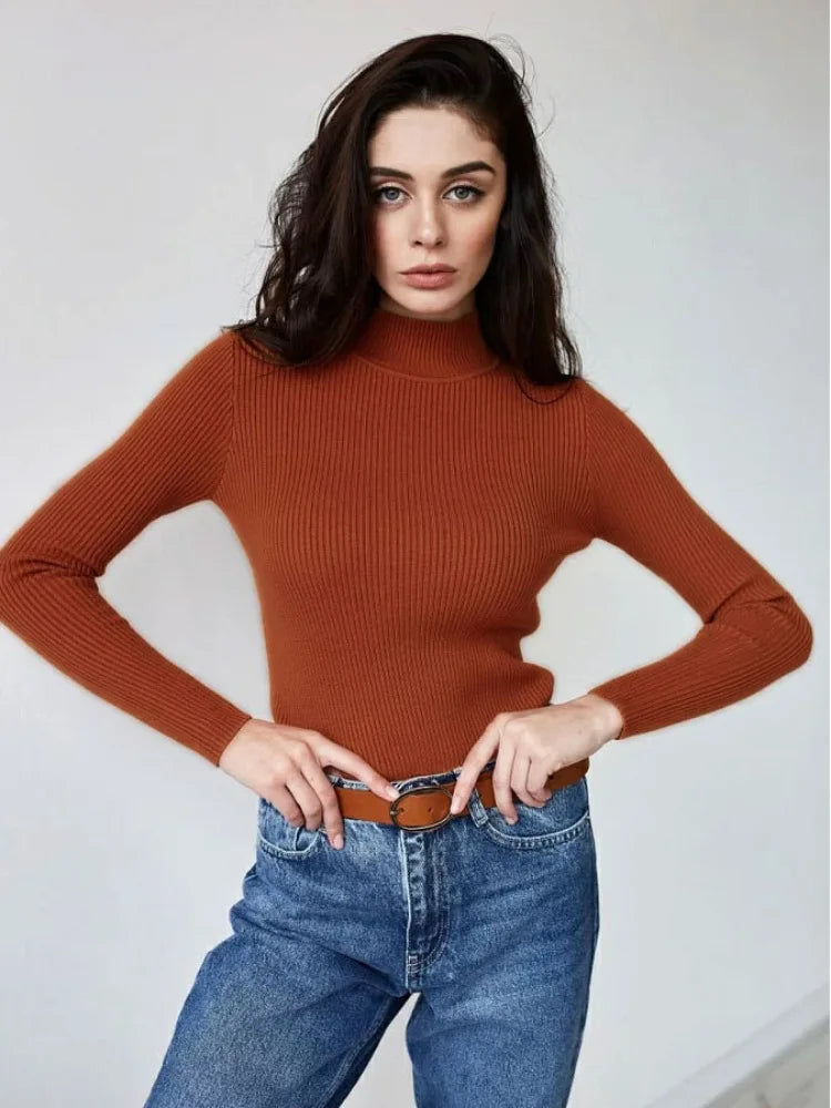 Women's Elegant Knitted Pullover Sweater Vintage Half High Neck Solid Tops Casual Slim Fit Sweaters Autumn Winter Basic Knitwear