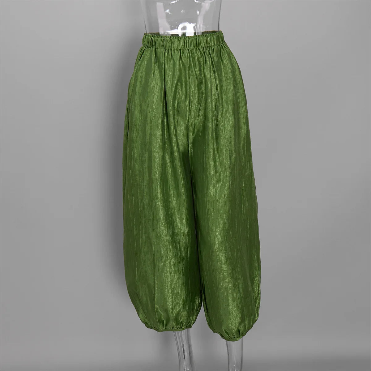 Women's Shiny Satin Solid Loose Fit Lantern Pants Elastic Waist Trousers Casual High Waist Commute Puffy Balloon Streetwear