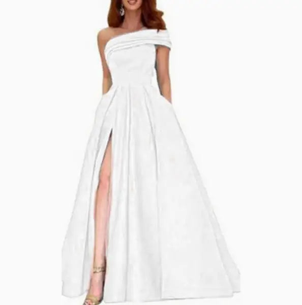 BKLD Solid Color Fashion One Shoulder Satin Dress Birthday Party Fluffy Dress 2026 Autumn Women Clothing Green Split Sexy Dress