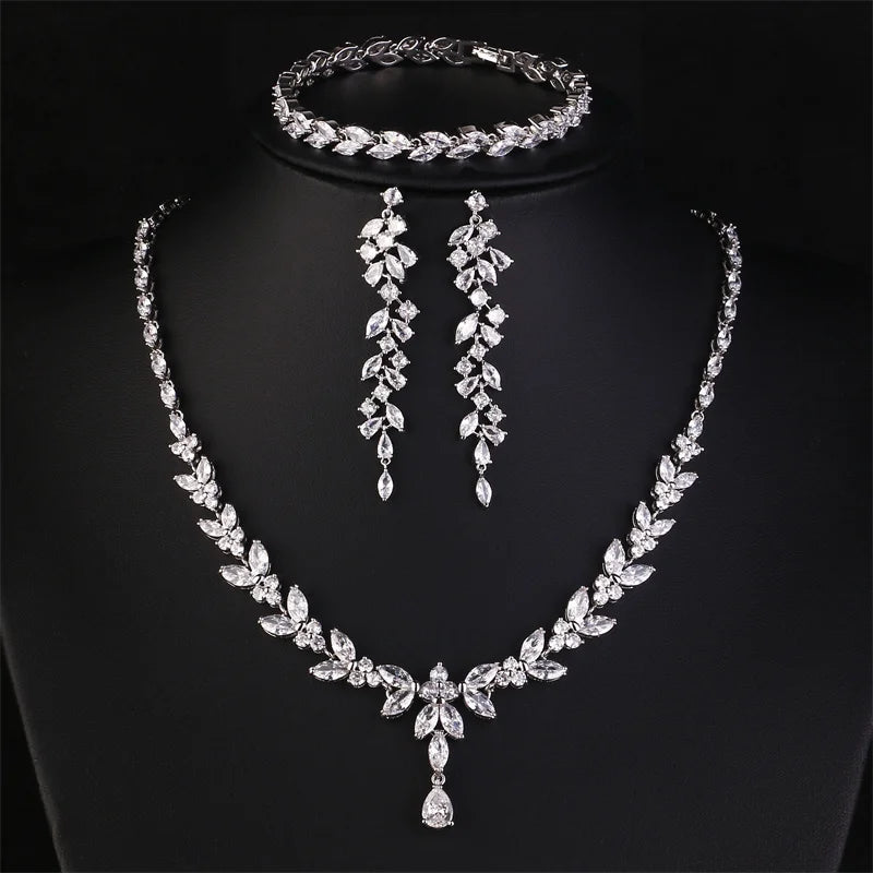 ZAKOL Luxury Brilliant Zirconia Leaf Necklace Earrings Rings Bracelets Set for Women CZ Drop Bridal Wedding Jewelry Sets