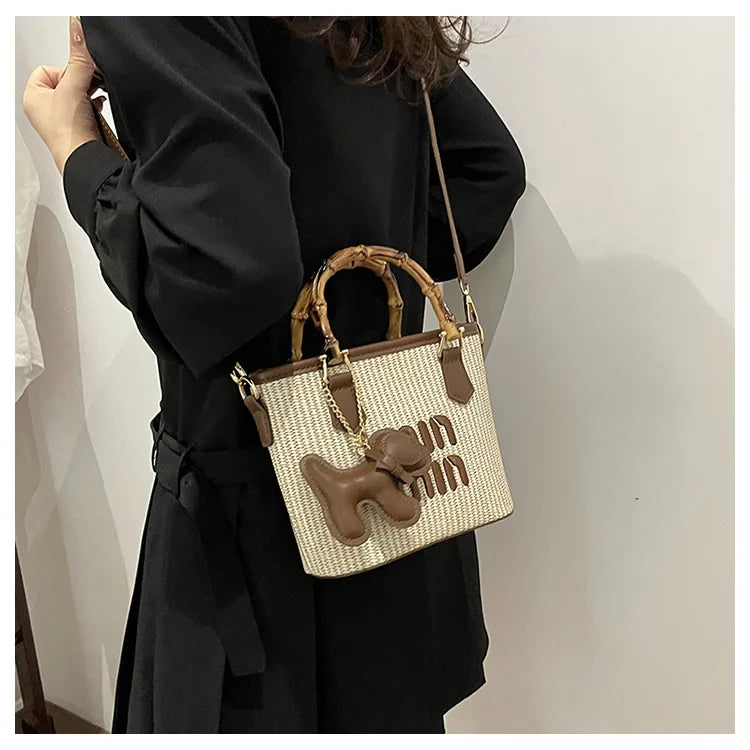 2025 New Spring Fashion Contrasting Straw Bamboo Joints Basket Bag Bucket Bag Hand-held Shoulder Diagonal Bag