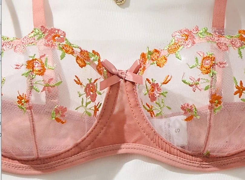 French Orange Floral Embroidery Lace Lingerie Set Sexy See-through Bra Support for Valentine's Party