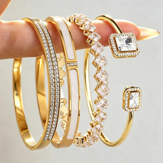 ZAKOL 4pcs Golden Bracelets Set Geometric Square Crystal Zirconia Inlaid Copper Stainless Steel Stackable Bangles Luxury Jewelry