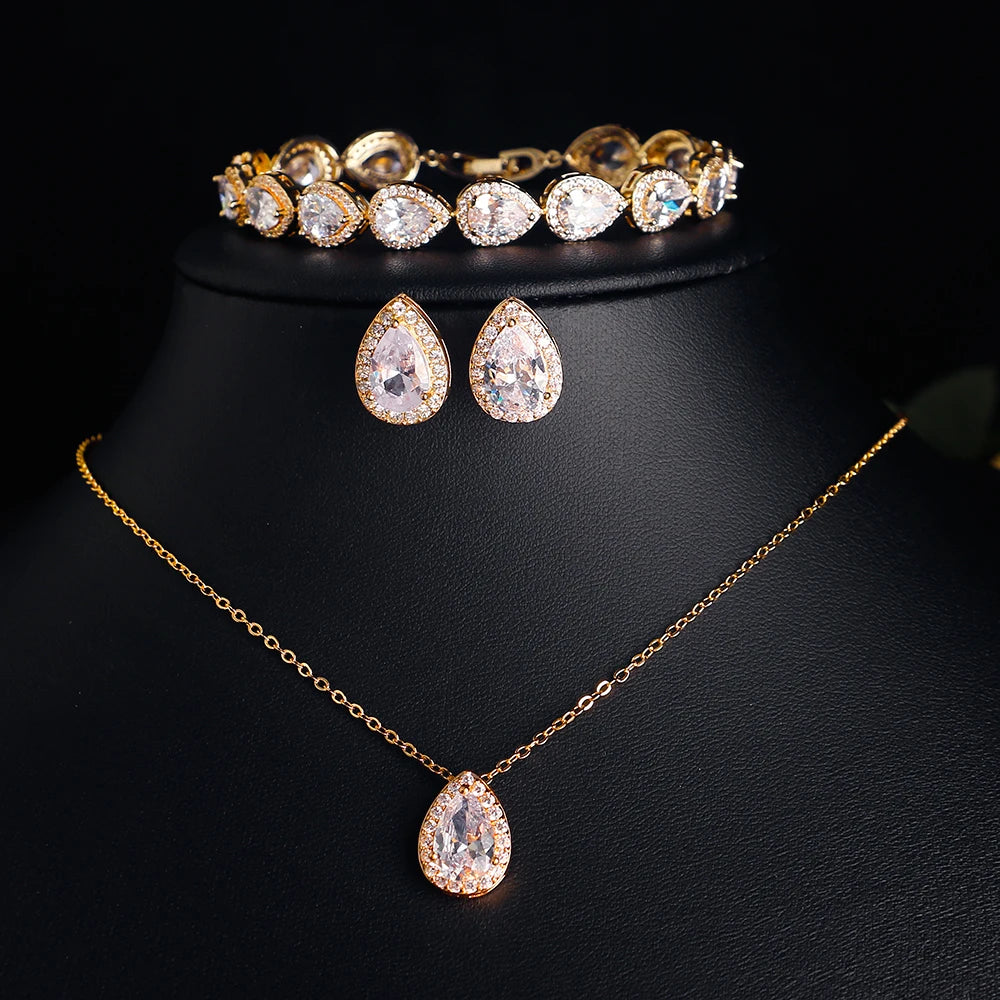 ZAKOL 3/2pcs Shiny Crystal Zircon Water Drop Earring Necklace Bracelet Jewelry Set for Women Elegant Wedding Party Jewelry