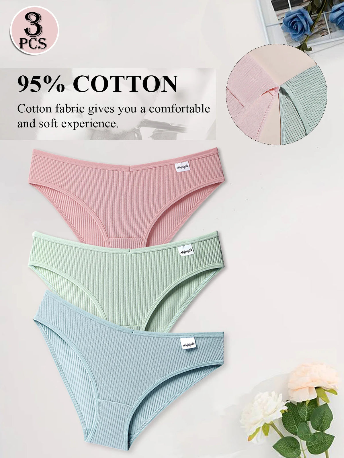 3PCS Women Cotton Panties Underwear Fresh Style Solid Color Striped Underpants Girls Comfortable Breathable Briefs Lingerie