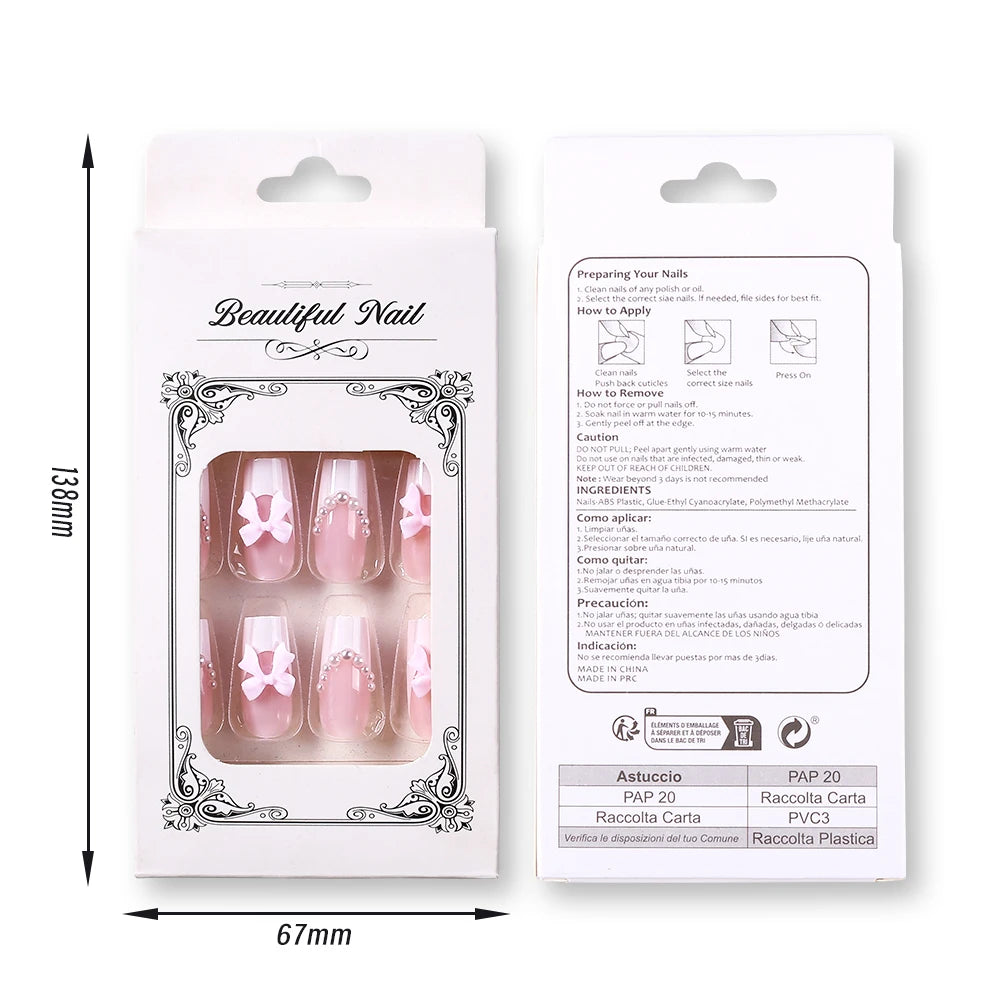 24pc Short Square French Fake Nails with Pearl Bow Acrylic Pink False Nail Wearable Press on Nails Full Cover Nail Tips