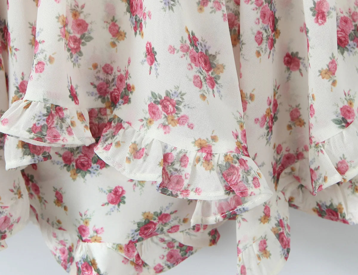 Boho Chic Floral Print Ruffle Mini Dress Women's Long Puff Sleeve V Neck Slim Fit A-line Party Dresses New Female Club Vestidos