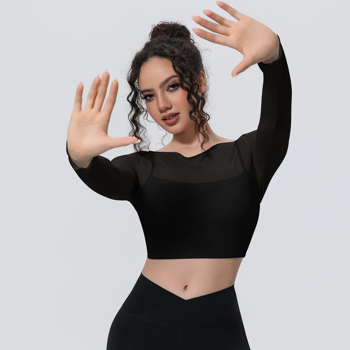 Woman Sports Yoga Long Sleeves Workout Top Solid Color False Two-piece Mesh Running Shirts with Chest Pad Summer Long Sleeves