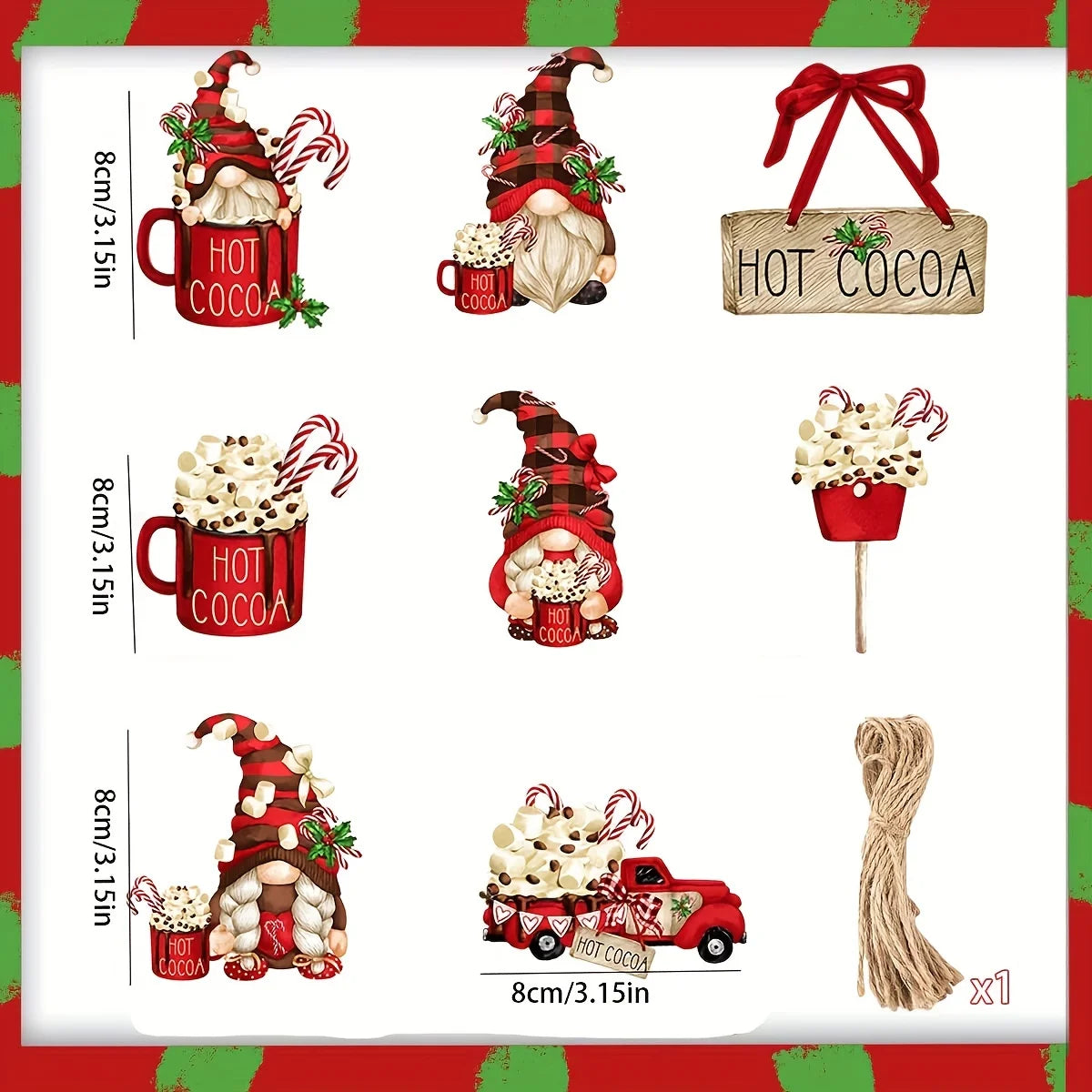 16/24/32pcs Wooden Hanging Ornaments Set with Hemp Rope - Red Ice Cream Truck & Hot Cocoa Themed Christmas Tree Decorations