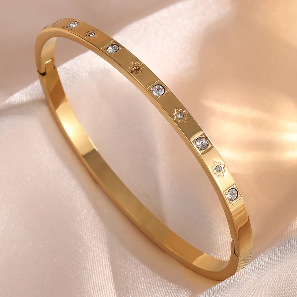 ZAKOL 5pcs Gold Color Stainless Steel Stack Bracelets Shiny Zircon Waterproof Stackable Bracelet Fashion Jewelry for Women
