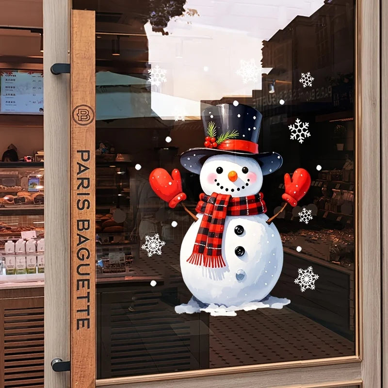 1PC Festive Winter Snowman Window Decals, Snowman with Red Gloves & Snowflake Christmas Window Clings, Reusable Glass Stickers