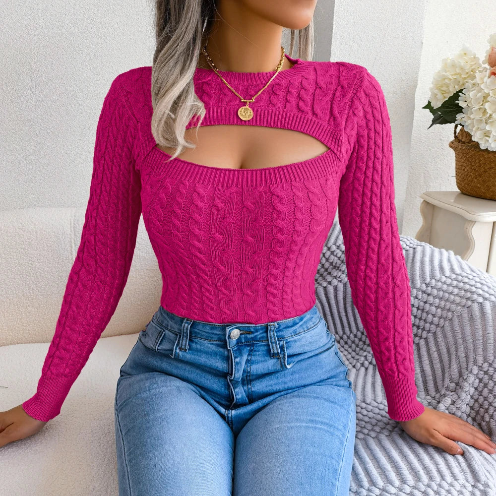 Sexy Hollow Out Sweater Women 2026 Autumn Winter Solid Color Long Sleeve Knitted Pullover Black Pink Green Purple Woman Tops