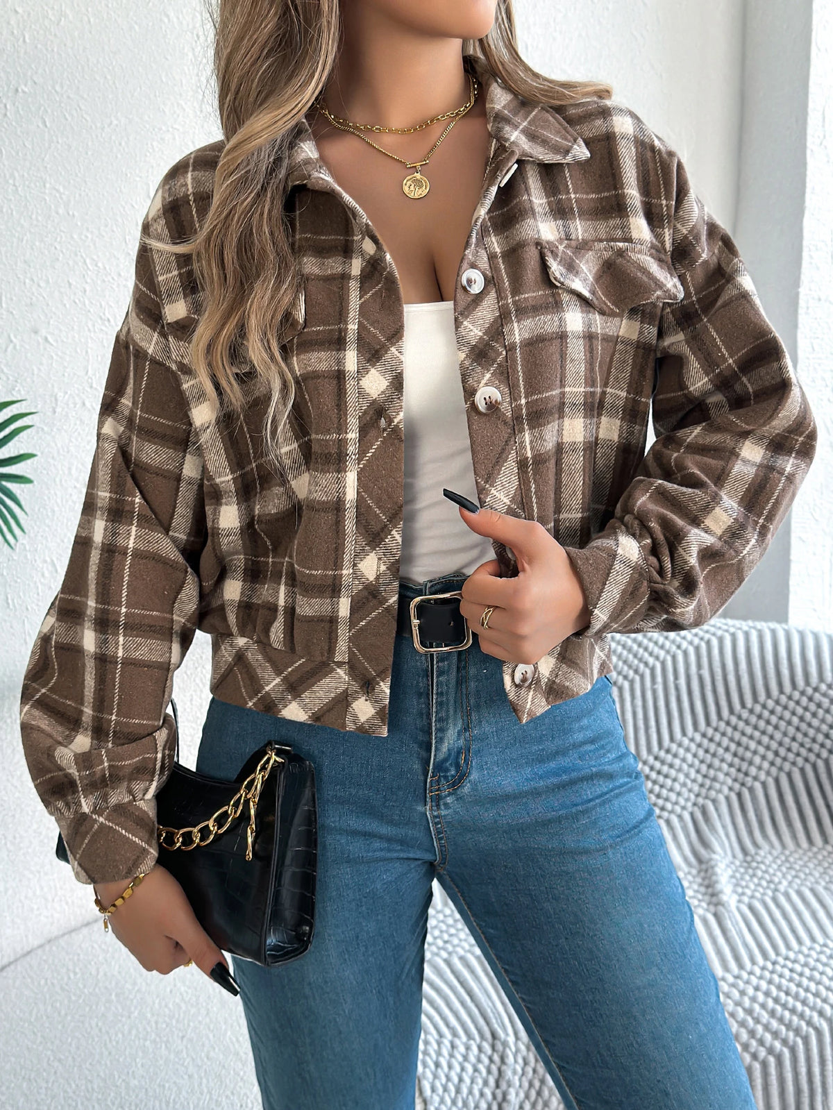 Autumn Winter Casual Plaid Cropped Jacket Lapel Lantern Long Sleeve Single Breasted Woolen Jacket 2026 Fashion Women Clothes