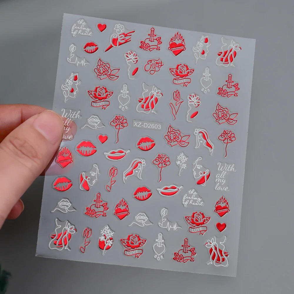 1Pc 3D Red Love Heart Nail Art Stickers Rose Flower Lip Self Adhesive Decals Valentine' Day Nail Sliders For Manicure Decoration