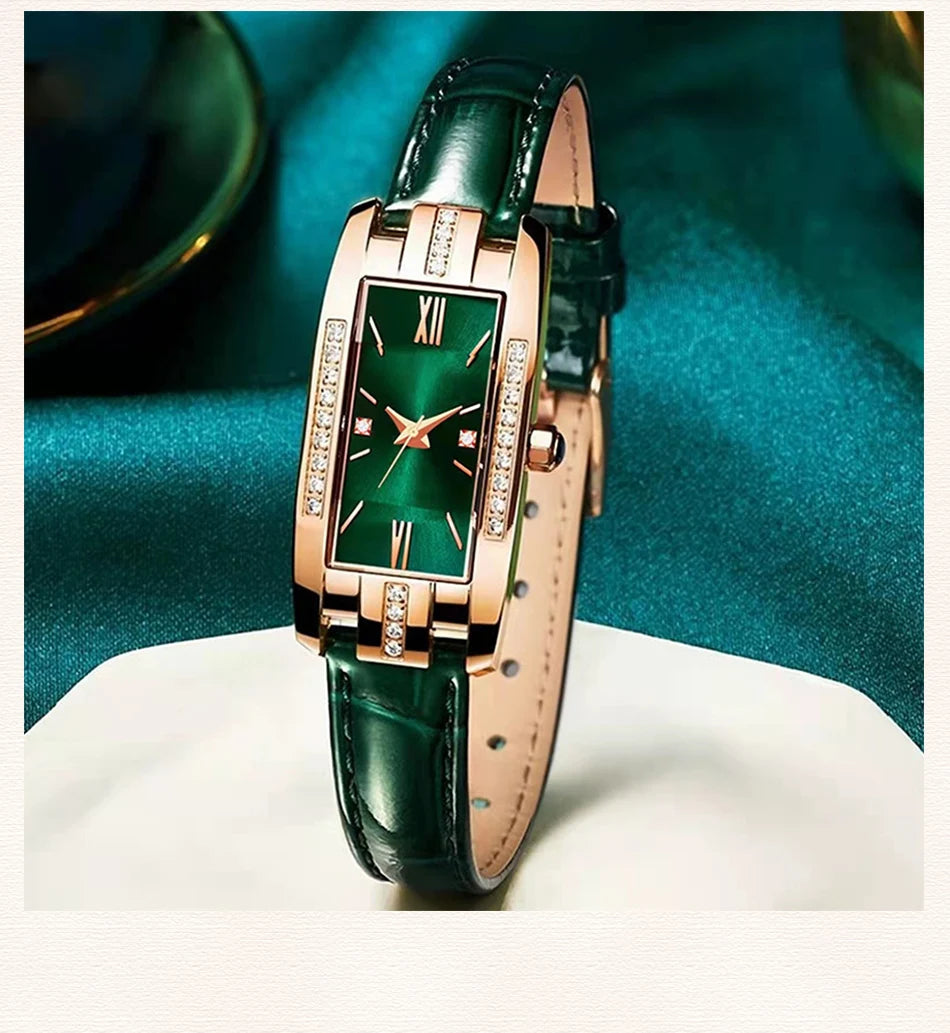 Womens Watches Fashion Square Ladies Quartz Watch Bracelet Set Green Dial Simple Leather Luxury Women Watches
