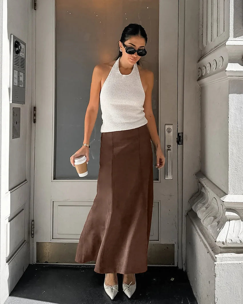 BKLD Autumn And Winter Retro New Fashionable Suede Fabric Brown Slimming High Waist Straight Skirt Casual Long Skirts For Women