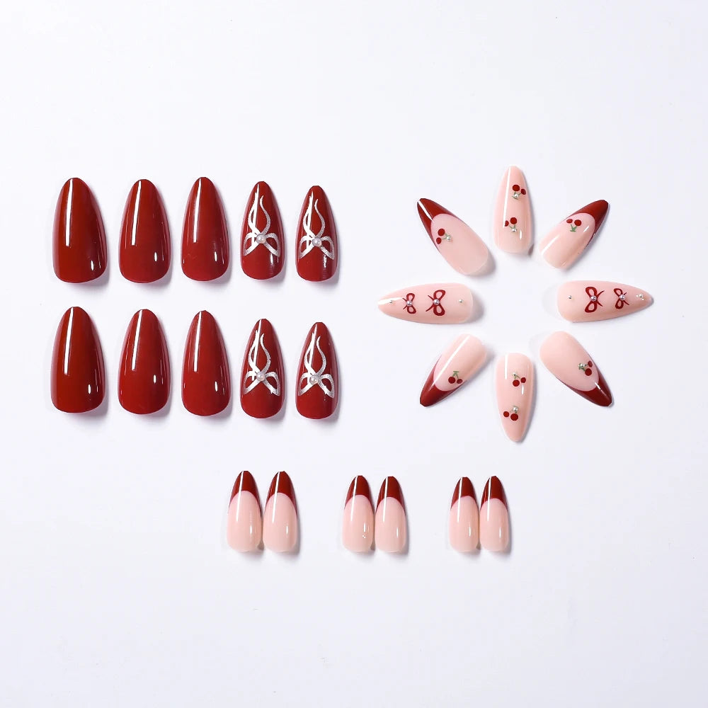 24Pcs Cute Cherry French Almond False Nails with Bow Design Acrylic Wearable Artificial Press on Nails Full Cover Fake Nail Tips