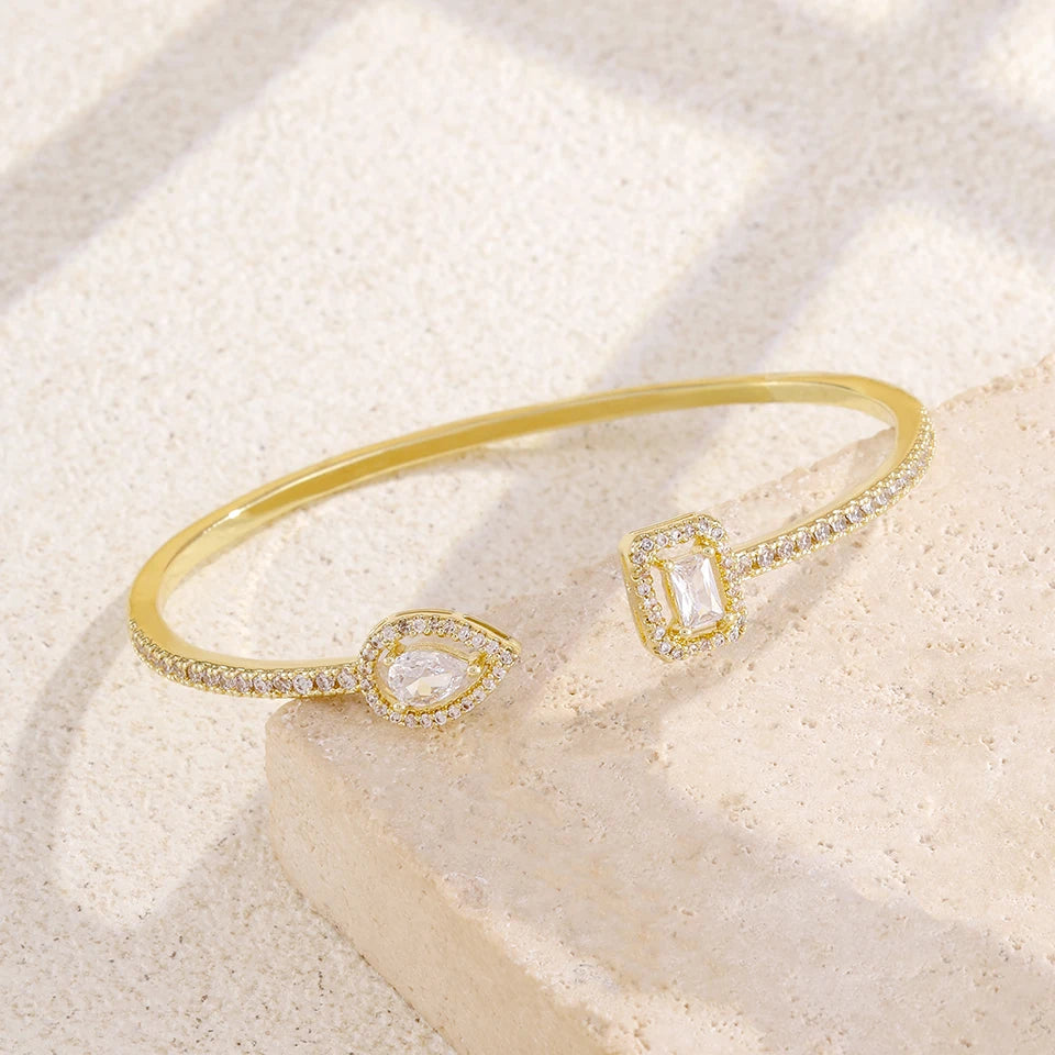 ZAKOL Classic Geometric Water Drop Square Zircon Adjustable Open Bracelets Shiny CZ Cuff Bangle Wedding Party Jewelry Gift
