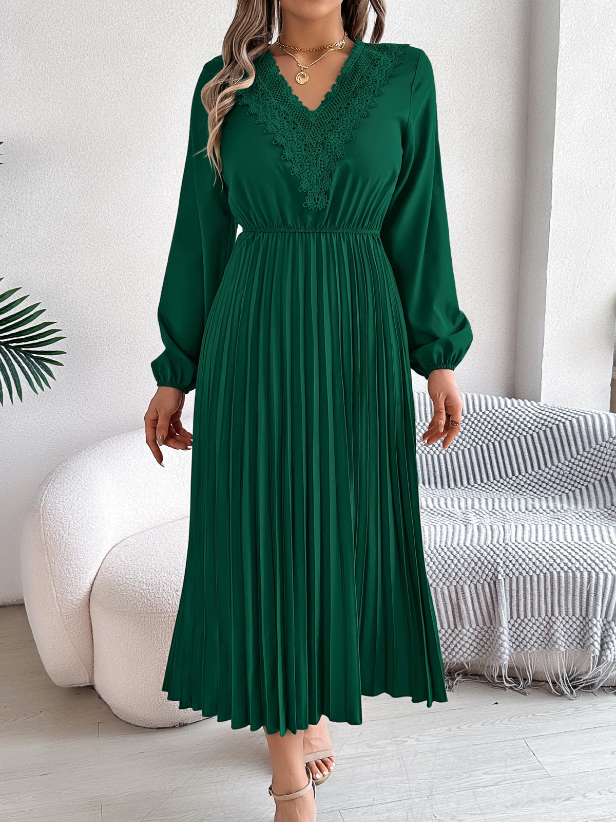 2026 Fashion Lace V Neck Lantern Long Sleeve Maxi Dress for Women Autumn Winter Casual Solid Color Pleated Dresses Khaki Red
