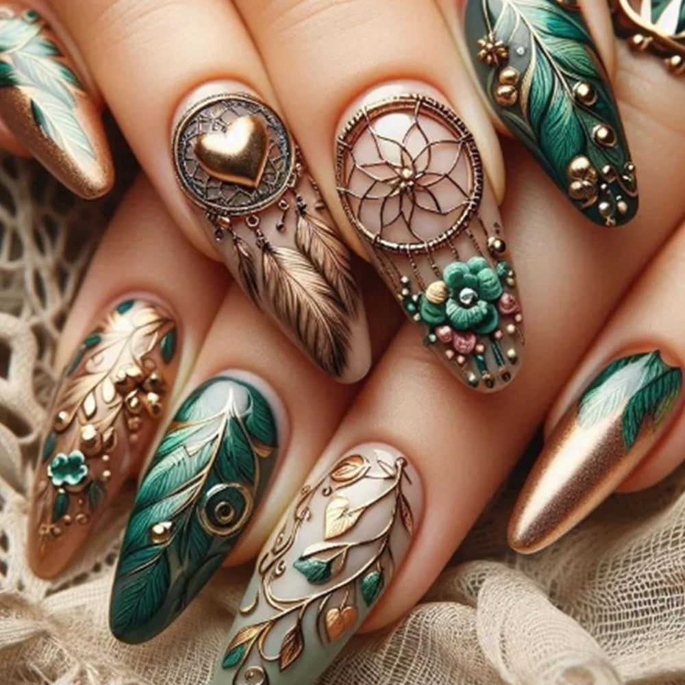24pcs/set Medium long fake nails yellow dragon flowers feather design for Spring summer Square almond tips press on false nail