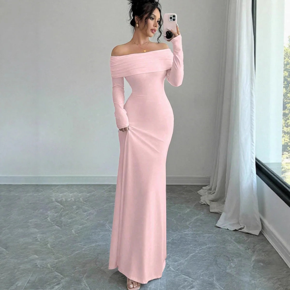 New arrival elegant women for spring season. Elegant long dress featuring a chic one-shoulder (slash neck)