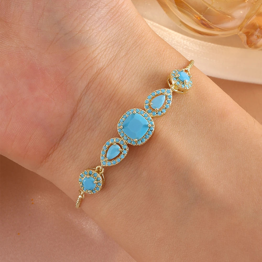 ZAKOL Gold Color Elegant Geometric Water Drop Turquoise Adjustable Chain Bracelet for Women Fashion Party Jewelry Gift