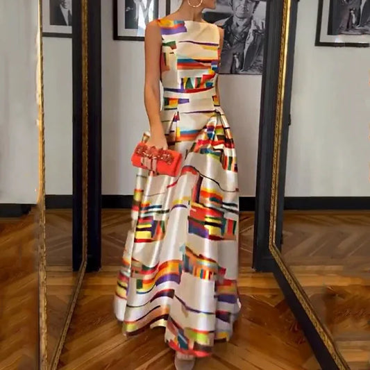 BKLD 2026 Autumn New Fashionable Casual Printed Waist Cinching Slim Fit Sleeveless Dress Women Clothes A-Line Midi Dresses Party