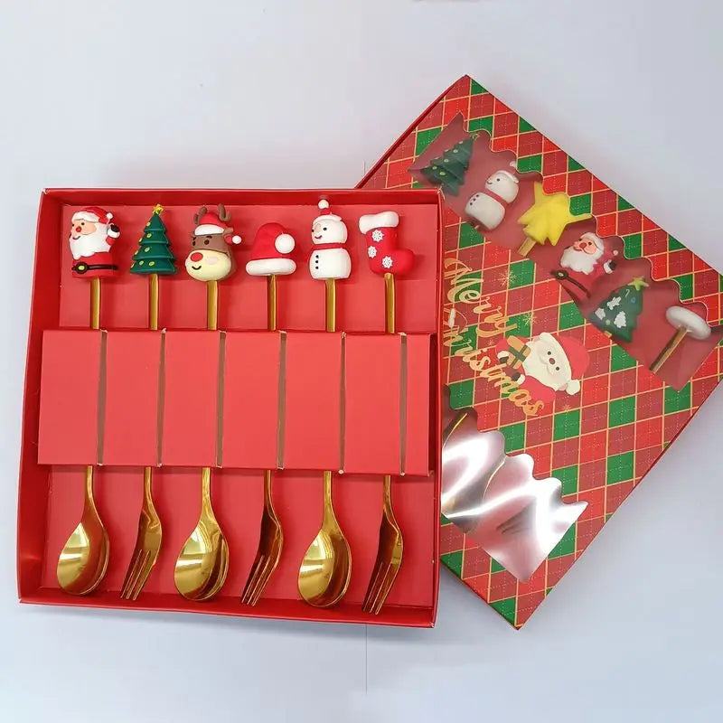 6Pcs Festive Christmas Spoon Fork Set with Gift Box,Golden Stainless Steel Coffee Tea Dessert Cutlery,Christmas Gift for Holiday