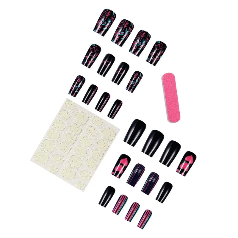 24PCS Black Medium Coffin False Nails Pink Heart Sweet Cool Stripes Press on Nails Full Cover Wearable Square Fake Nails Patches