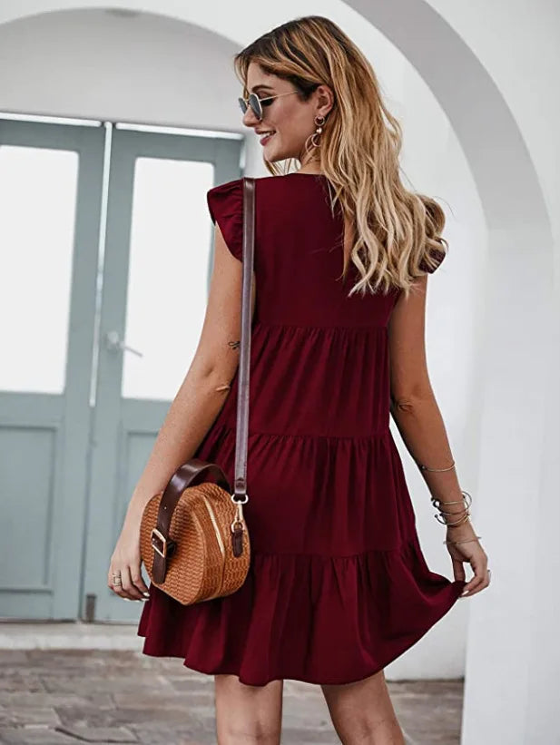 Women Elegant Ruffle Mini Dress Casual Solid O Neck Beach Party Sundress Simple Chic Loose Short Dress Vintage Harajuku Vestido