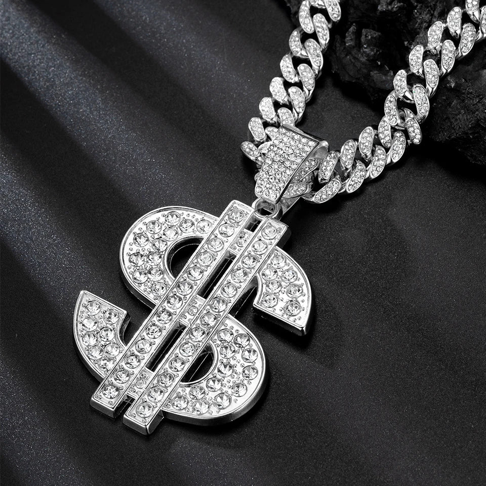 ZAKOL Hip Hop Letter Pendant Necklace for Women Men Shiny Rhinestones 13MM Cuban Chain Necklaces Fashion Jewelry Gifts