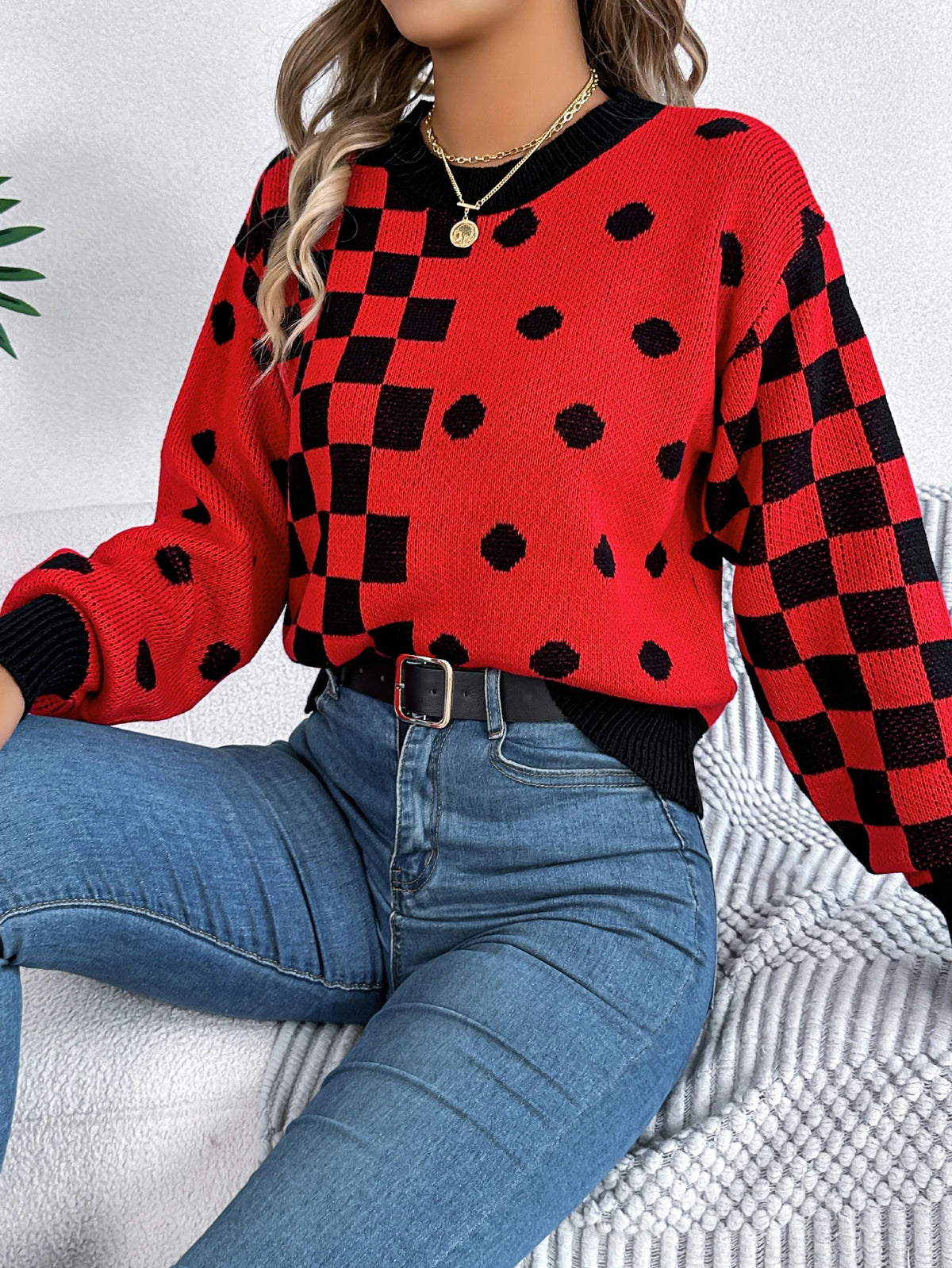  Autumn Winter Casual Contrasting Grid Dot Long Sleeve Knitted Pullover Fashion New Year and Christmas Sweater Women Clothes