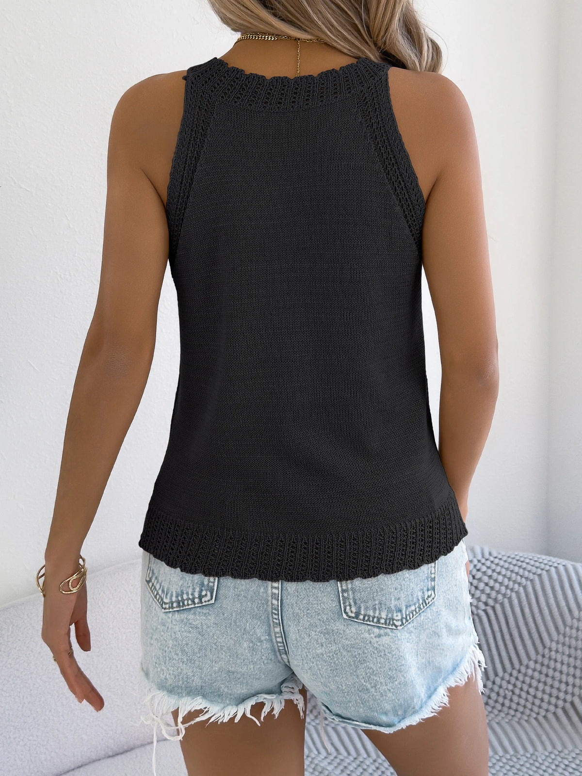 Women's Fashion Hollow Out Knitted Tops for Summer Casual Solid Color Round Neck Sleeveless Pullover White Black Khaki