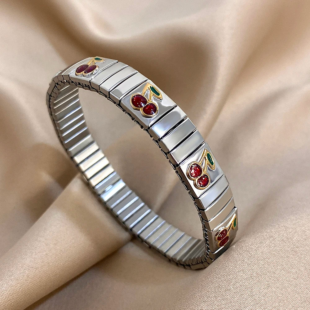 316L Stainless Steel Gold Color Strawberry Cherry Elastic Bangle Bracelet For Women Men Statement New Trend Wrist Jewelry Gift