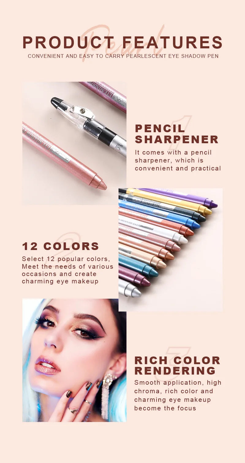 12 Color Highlighter Eyeshadow Pencil Waterproof Glitter Matte Nude Eye Shadow Makeup Pigment Cosmetics Blue White Eyeliner Pen